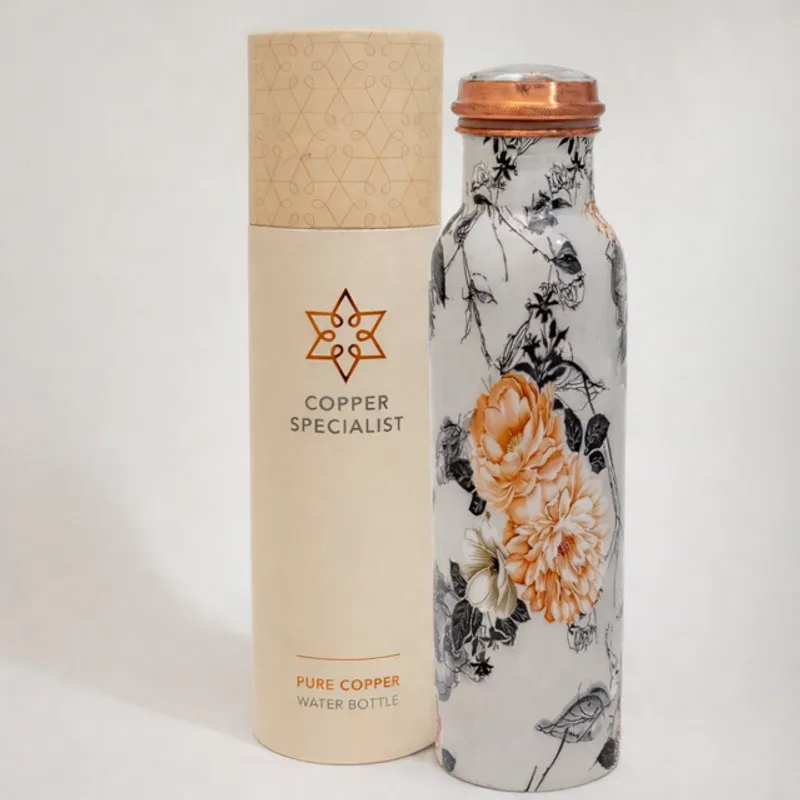 Copper water bottle, Floral Print, 950 ML  - Ayurveda Specialist