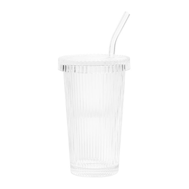 Hovedbilde Rilleglass med lokk og sugerør 375ml / BeeOrganic