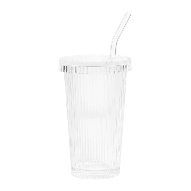 Rilleglass med lokk og sugerør 375ml / BeeOrganic